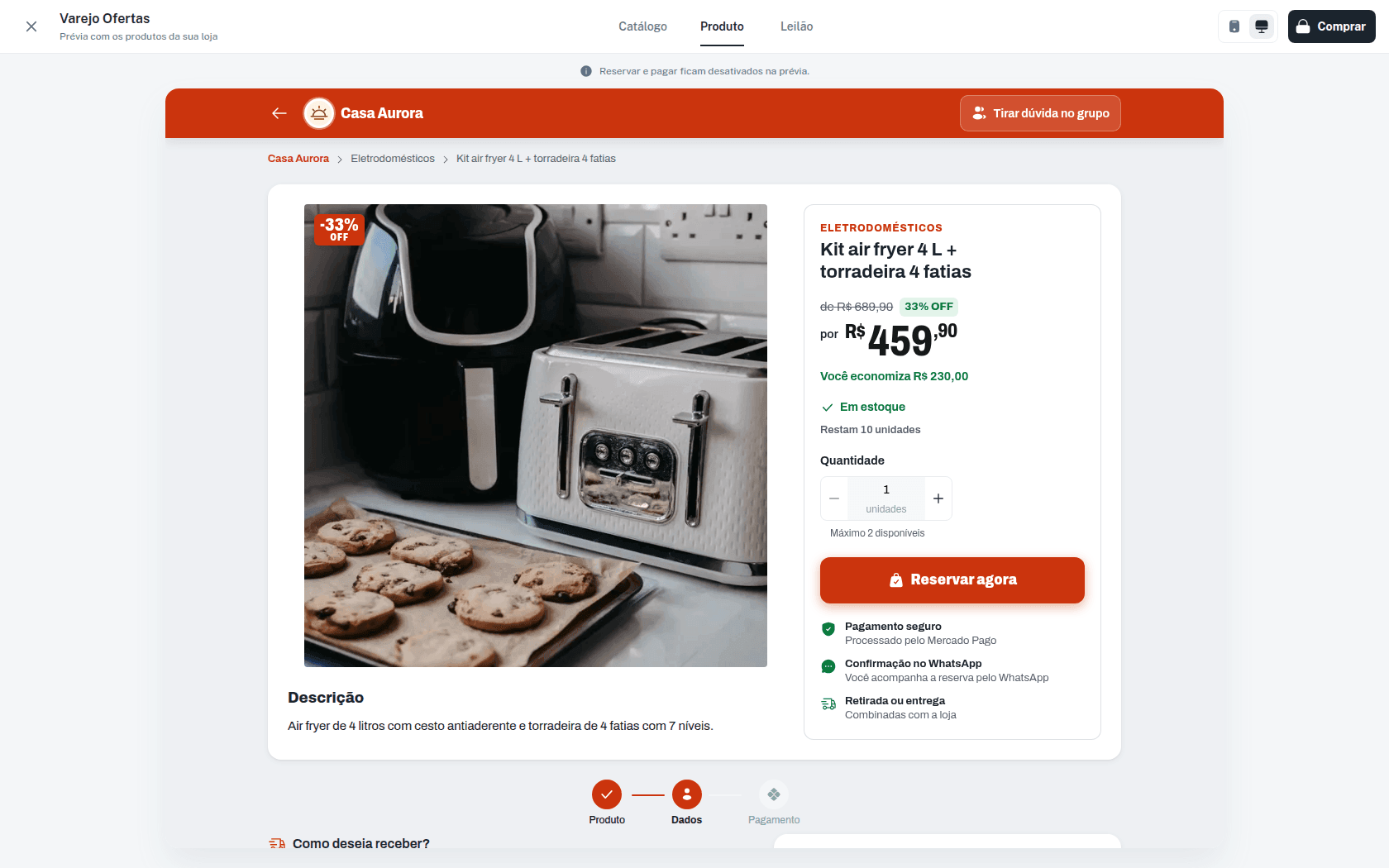 Prévia do Tema no modo computador, na aba Produto, com a página de um produto da loja