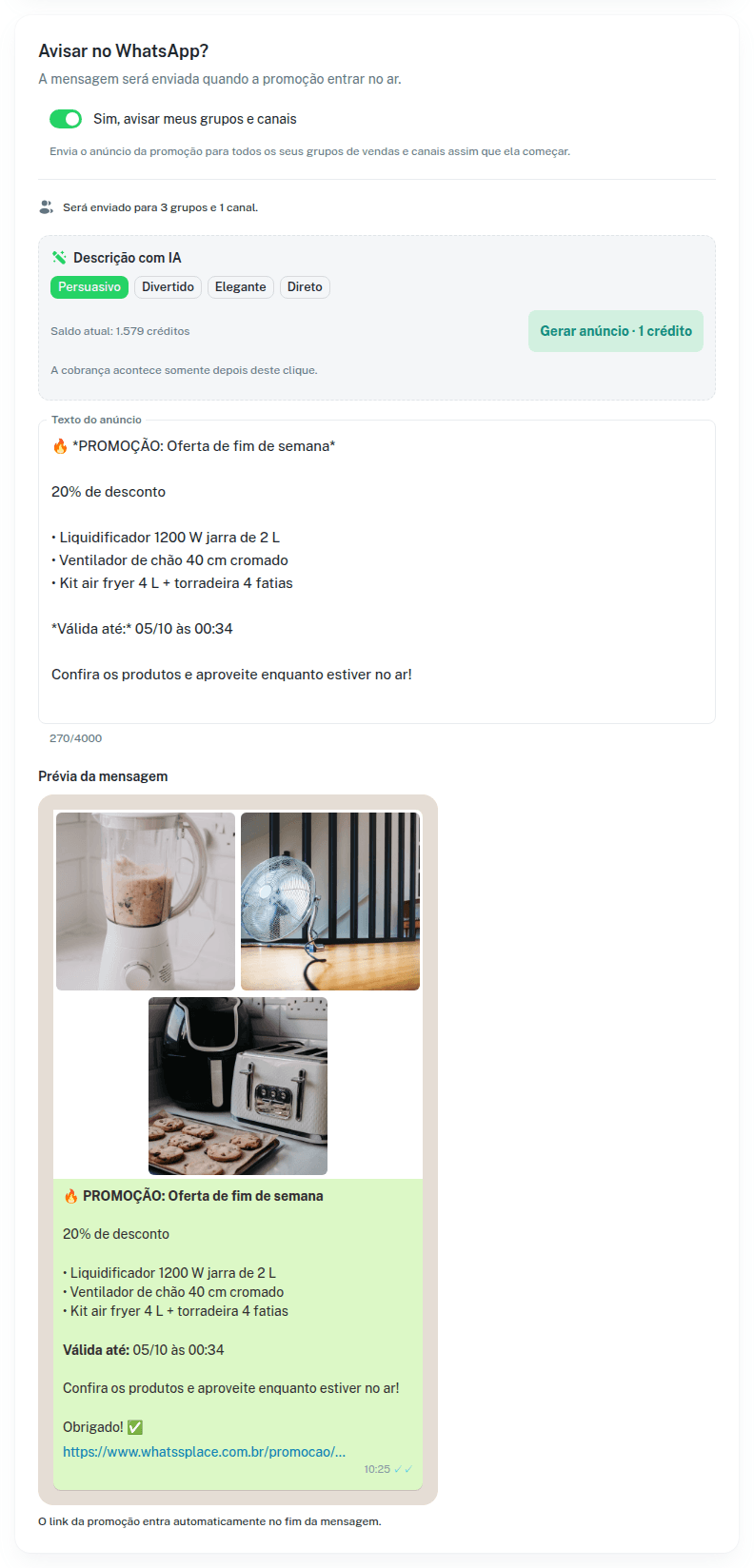 Aviso no WhatsApp da promoção com o texto do anúncio e a prévia da mensagem