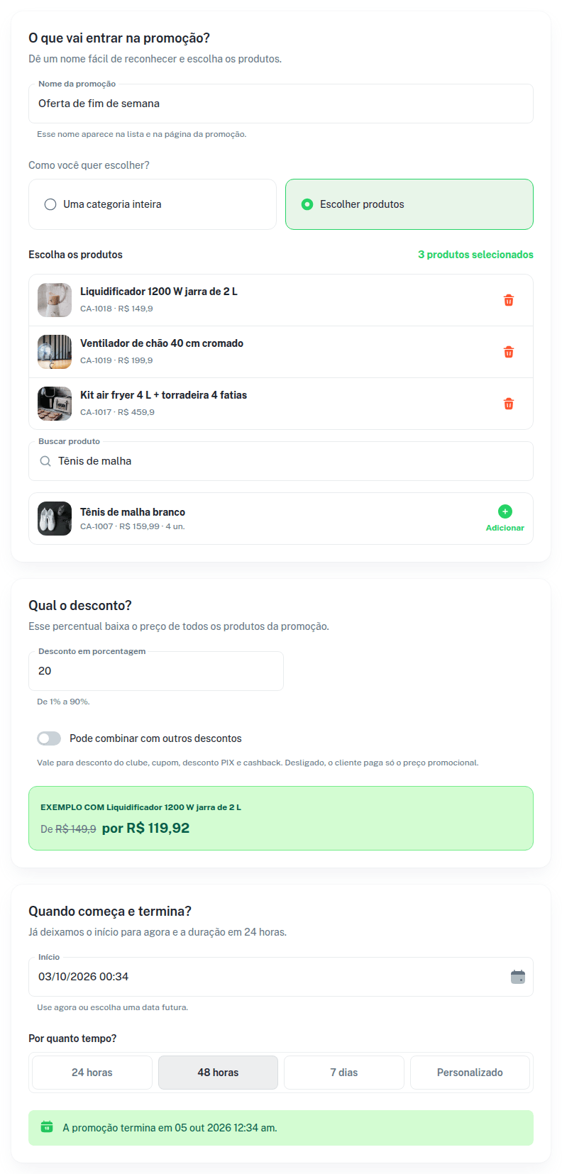 Formulário Nova promoção com produtos, desconto e período