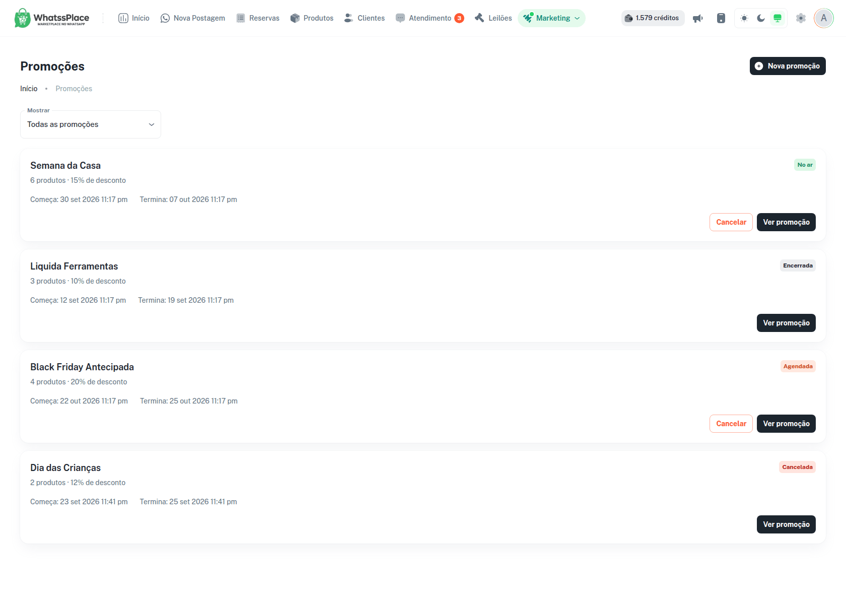 Lista de promoções com status e ações