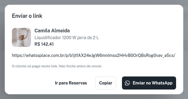 Diálogo Enviar o link com o link de pagamento e os botões Copiar e Enviar no WhatsApp