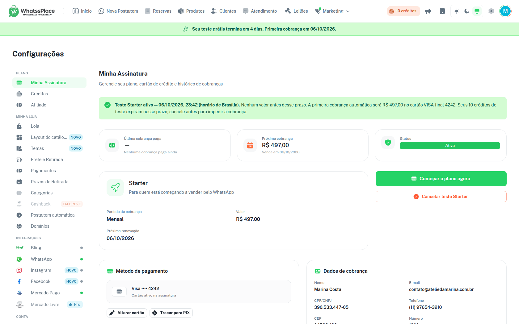 Minha Assinatura com o aviso Teste Starter ativo e o botão Começar o plano agora