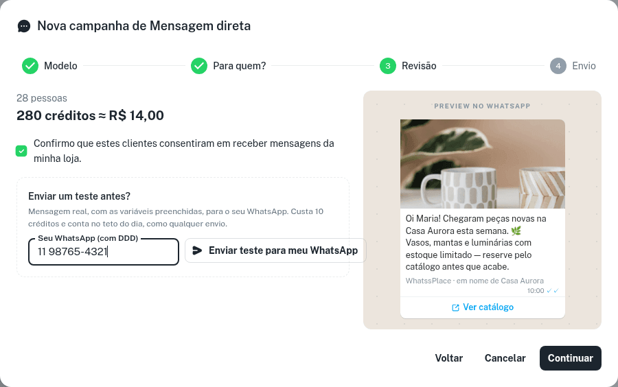 Bloco Enviar um teste antes? no passo Revisão com o WhatsApp preenchido