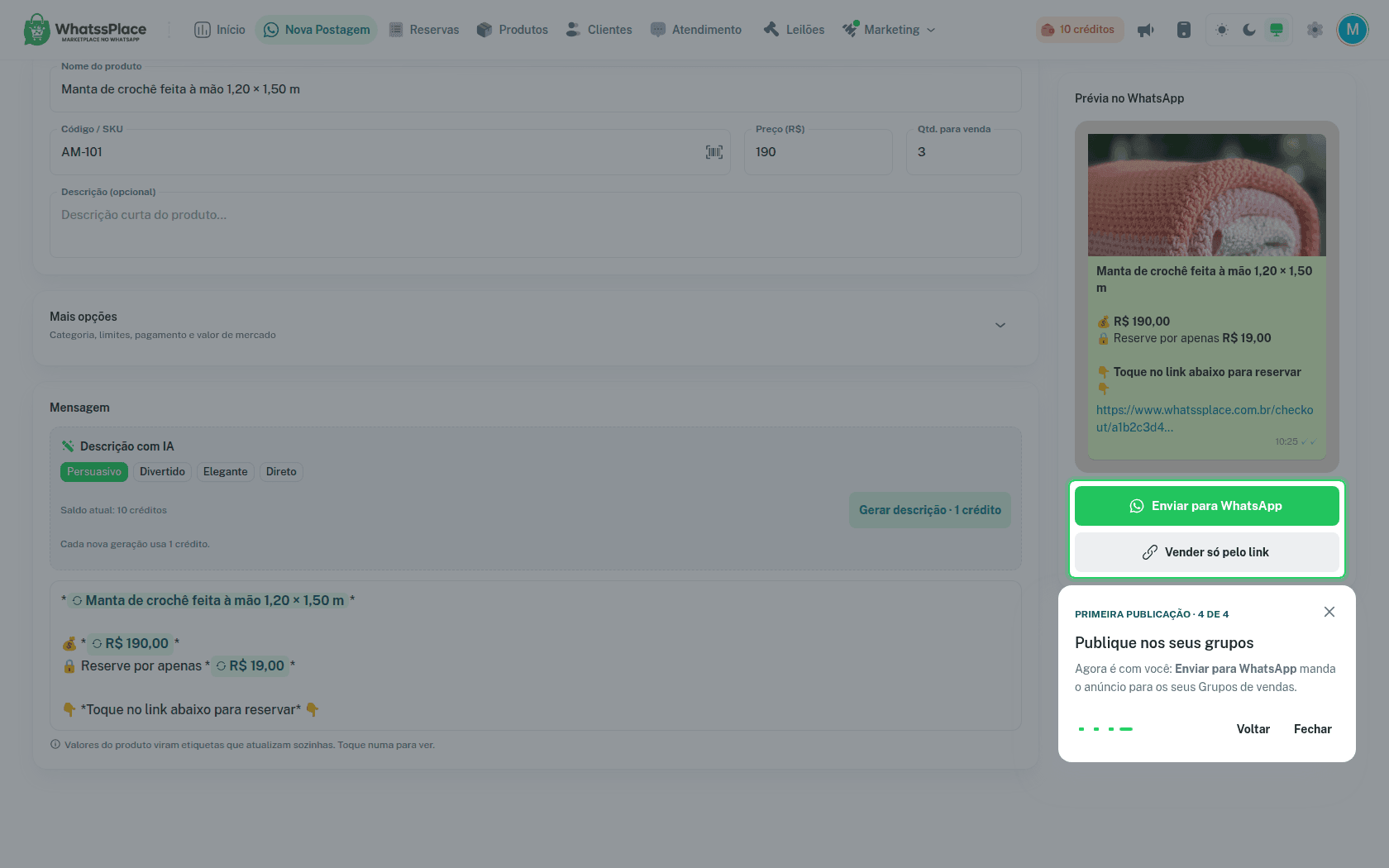 Tour da Nova Postagem destacando o botão Enviar para WhatsApp no passo Publique nos seus grupos