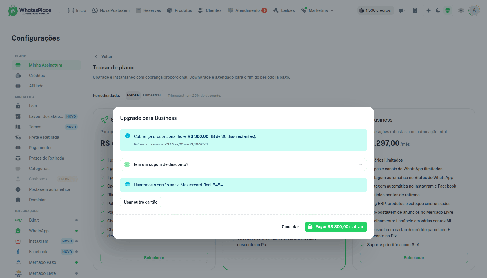 Diálogo Upgrade para Business com a cobrança proporcional sobre a tela Trocar de plano