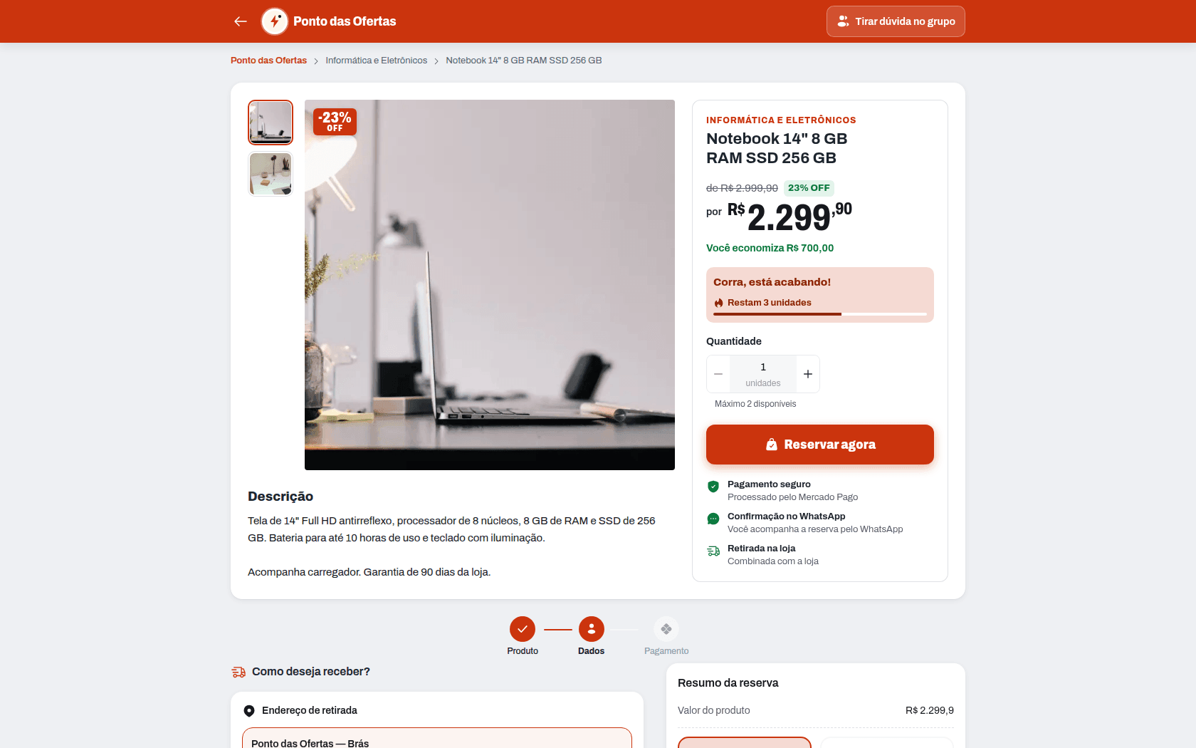 Página de produto no Tema Varejo Ofertas no computador, com fotos, preço, selos de confiança e o botão Reservar agora
