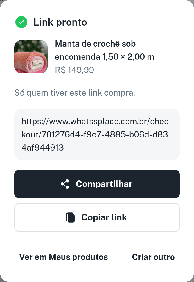 Tela Link pronto com o link do produto e os botões de copiar e compartilhar