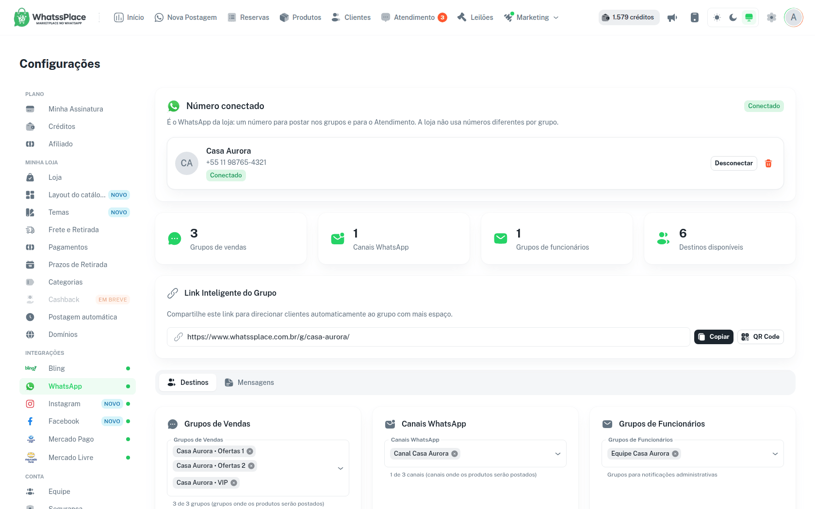 Tela de WhatsApp com o número conectado, os contadores de grupos e o Link Inteligente do Grupo