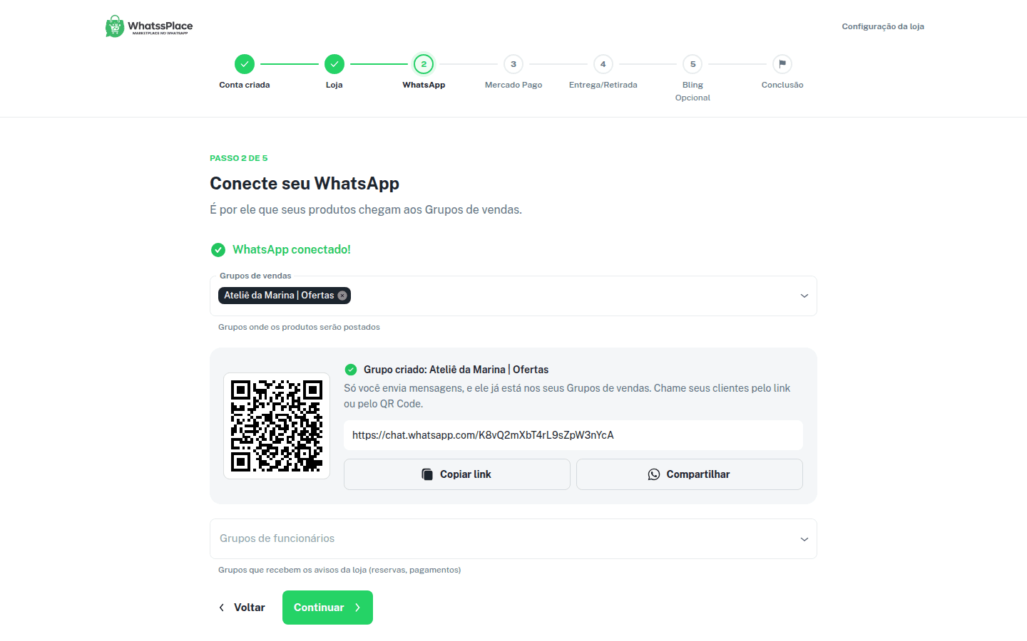 Grupo criado com o QR Code do convite, o link e os botões Copiar link e Compartilhar