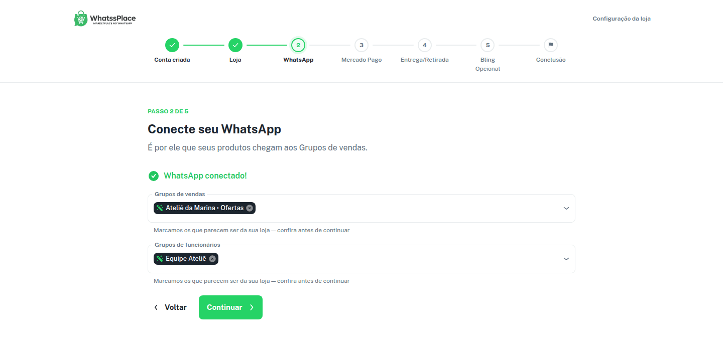 Escolha dos Grupos de vendas e Grupos de funcionários, com grupos já marcados pela sugestão automática