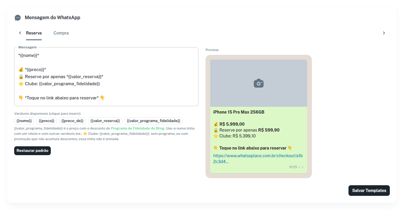 Aba Mensagens com o cartão Mensagem do WhatsApp, as variáveis disponíveis e o Preview