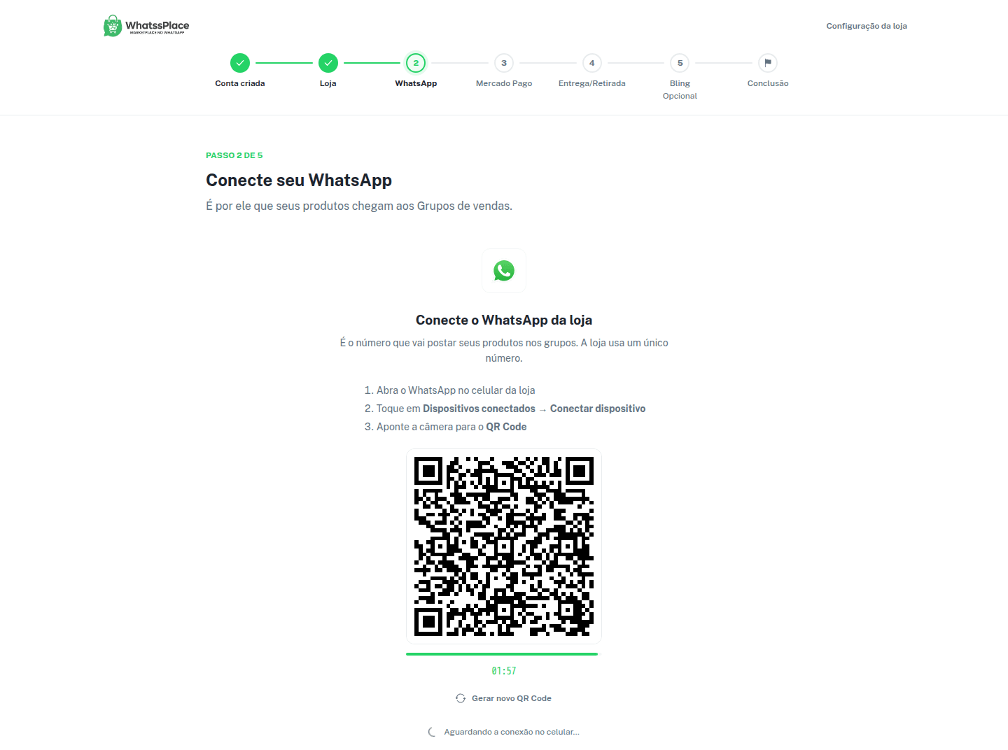 Passo WhatsApp com o QR Code gerado e as instruções de conexão